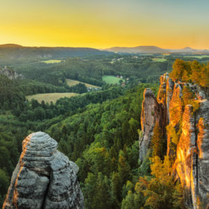 View over the Bastei Bridge to the Lilienstein, Elbe Sandstone Mountains, Saxon Switzerland National Park, Saxony, Germany View over the Bastei Bridge to the Lilienstein, Elbe Sandstone Mountains, Saxon Switzerland National Park, Saxony, Germany